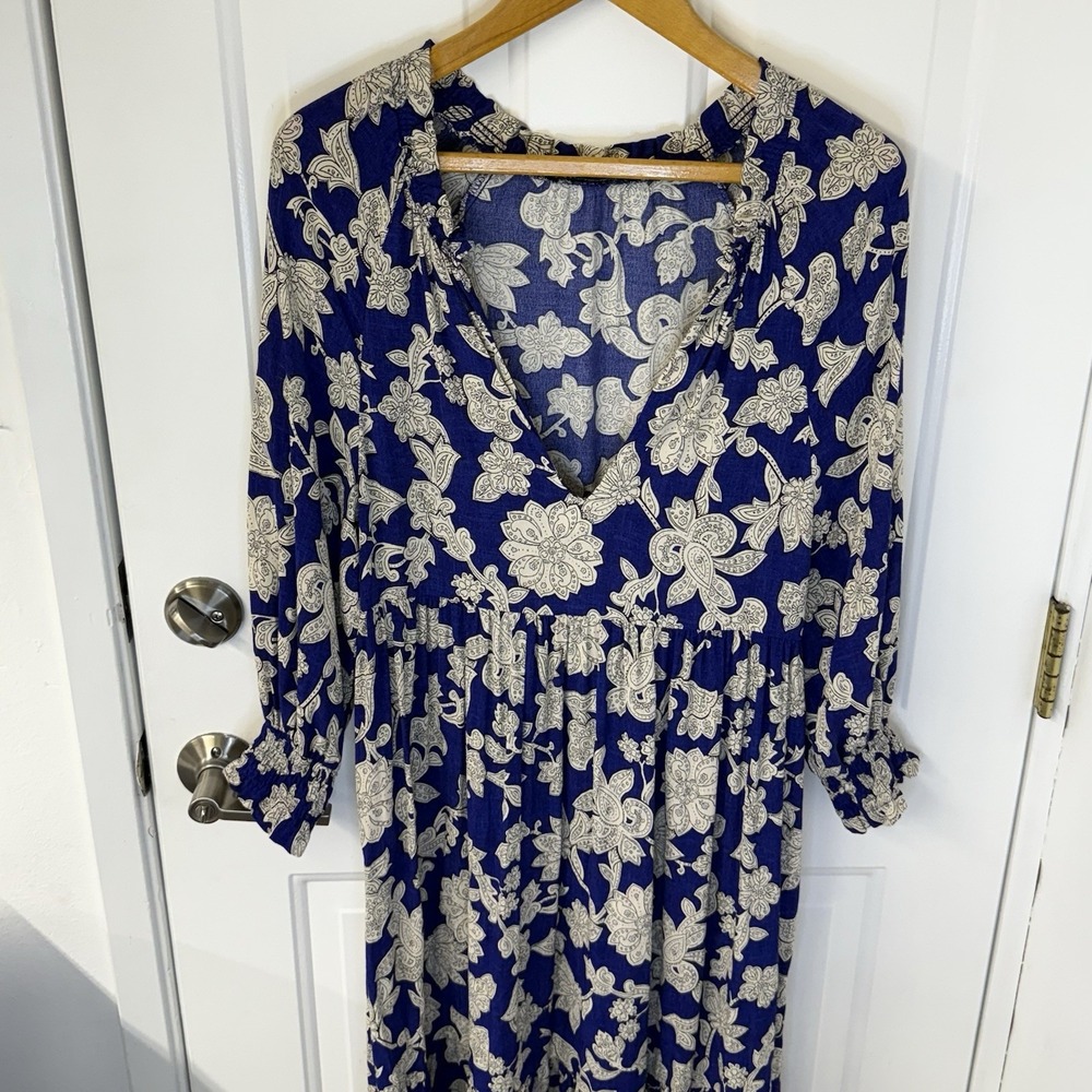 Zara Floral Tiered Maxi Peasant Dress Blue/White Smocked‎ Sleeve Women Sz Small